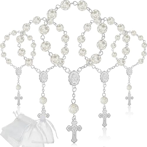 Jadive Mini Rosaries Baptism Rosary Beads Finger Baptism Rosaries Bulk with Organza Bags for First Communion Christening Weddings Party Favors(Silver)