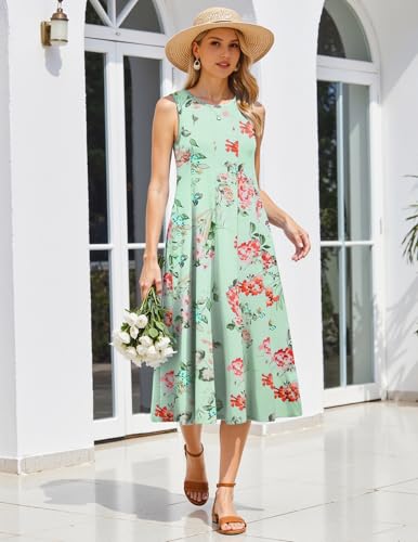 Image of HOTOUCH Summer Casual Dresses for Women Sleeveless Midi Dress Swing Tank Sundress Pleated Tshirt Dress with Pockets