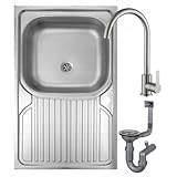 Deftrans - Lavandino da cucina 80 x 60 cm in acciaio inox con scolapiatti – Lavello con rubinetto completo di rubinetto – Lavello con rubinetto e sifone – Lavandino sospeso in acciaio inox per 80 cm