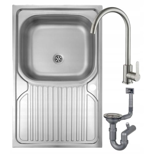 Deftrans - Évier de cuisine 80 x 60 cm en acier inoxydable avec égouttoir - Évier avec robinet - Évier avec robinet - Évier avec robinet et siphon - Évier en acier inoxydable à poser pour 80 cm