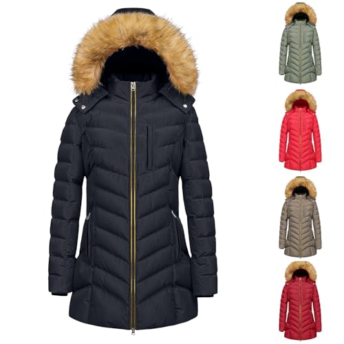 Image of Cocila Women's Winter Hooded Coat Waterproof Warm Full Zip Long Puffer Jacket Parka Faux Fur Trim Hood Outdoor Solid Color Windproof Coats Ladies Long Winter Coat Plus Size Black 3XL