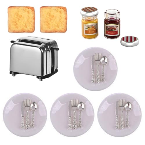 compactini Miniature Model 1:12 Scale Set 23pcs Toast Machine/Jams/Knife/Fork/Spoon/Dishes Dollhouse Accessory Breakfast Miniature Decoration