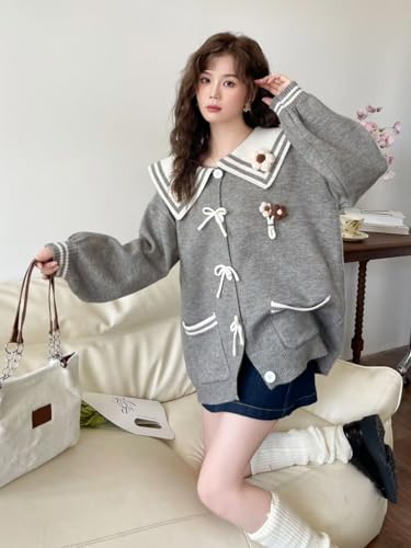 Preppy Style Sailor Collar Hoodie Sweater Casual Stylish Button Top Spring Autumn Loose Pockets Sweatshirt for Women2