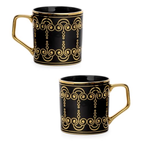 Image of Clay Craft Premium Ceramic Tea & Coffee Cups Set of 6 - Black & Gold Printed Designer Mugs with Golden Handle | Elegant Luxury Pattern | Ideal for Home, Office & Gifting