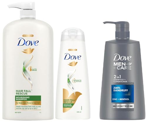 Dove Hair Fall Rescue Shampoo 1 Ltr & Dove Hair Fall Rescue Conditioner 335ml & Dove Men+Care Anti Dandruff 2in1 Shampoo+Conditioner For Rs. 899 @ 61 %