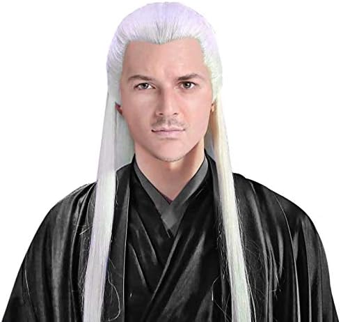 Men Wudang Priest Wig Asian Ancient Chinese Costume Accessory Halloween Hairpiece Long White Straight Hair (White)