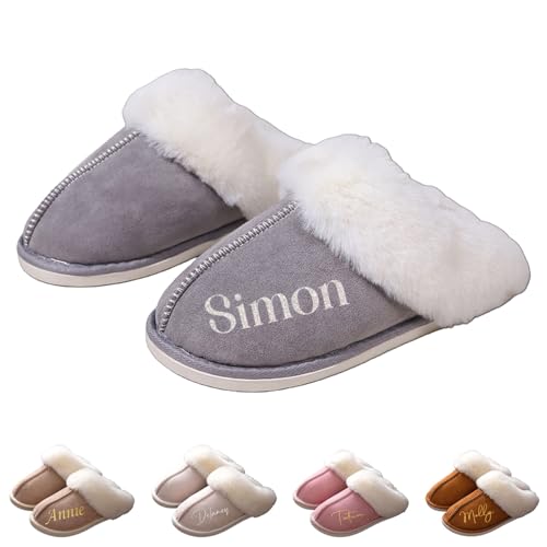 BFBZYME Zapatillas De Invierno Personalizadas Para Mujer, Zapatillas De Espuma Viscoelástica Personalizadas Con Nombre, Suaves Y Mullidas, Suela Antideslizante Para Interior Y Exterior(Gray)
