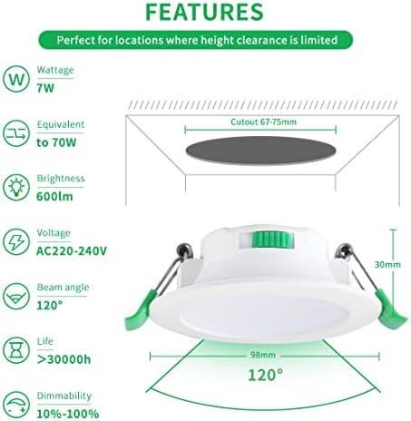 LED Downlight Dimmable 7W Recessed Ceiling Light,IP44 Waterproof Ultra Slim Spotlight 3000K Warm/4000K Neutral/5700K Cool White Adjustable for Bathroom Bedroom Living Room,4 Pack