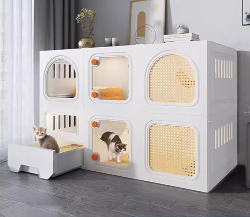 Enclos intérieur pour chat avec bac à litière intégré et poulies en polypropylène