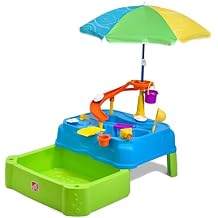 Step2 Waterpark Wonders Two Tier Water Table, Kids Water Activity Sensory Playset with Umbrella, Garden Hose Sprinkler Attachment, 11 Piece Accessories, Outdoor Summer Toy, Ages 18 Months+, Blue