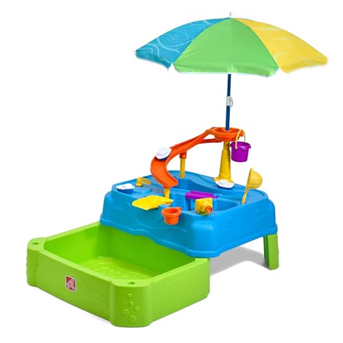 Step2 Waterpark Wonders Two Tier Water Table, Kids Water Activity Sensory Playset with Umbrella, Garden Hose Sprinkler Attachment, 11 Piece Accessories, Outdoor Summer Toy, Ages 18 Months+, Blue by Step2 - Used condition - US$142.39