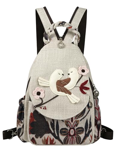 Image of Small Canvas Backpack, Retro Boho Washed Hippie for Women Daily Commute (Two Little Birds Decorations)
