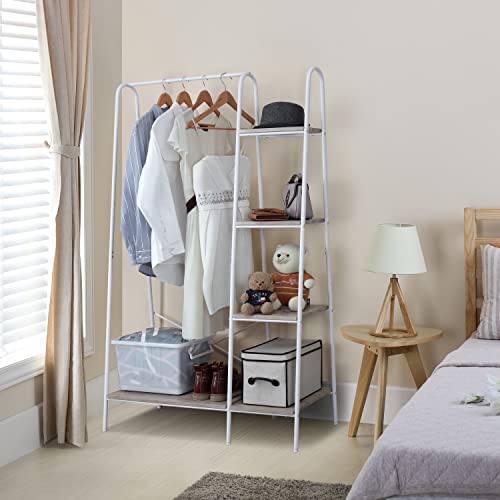 Finnhomy Metal Clothes Closet Rack, Clothing Rack for Hanging Clothes White Heavy Duty Garment Rack with 5 Wood Shelves Freestanding Portable Closet Organizer for Bedroom/Entryway/Boutiques - Thumbnail 2