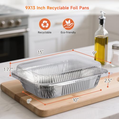 Image of Aluminum Pans with Clear Lids 9x13-10 Pack Aluminum Foil Pans, Heavy Duty Disposable Pans for Cooking, Baking, Meal Prep, Parties & Food Storage