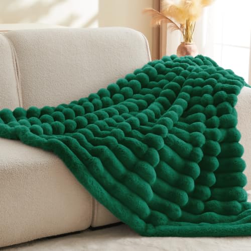 Image of BEDELITE Faux Fur Throw Blanket for Couch, 770GSM, 60 inch x 80 inch, Dark Green | Soft and Cozy Luxurious 3D Striped Fluffy Blanket, Warm Plush Fuzzy Faux Rabbit Fur for Women Gift, Stylish Room Decor