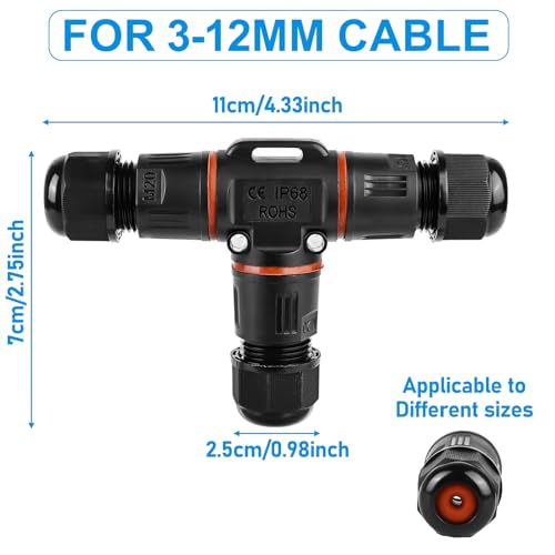 Miniatura 2 de 6 Conectores De Cable De 3 Polos, Resistentes Al Agua Ip68, Conector De Cable En Forma De T, Resistente Al Agua De 3 Pines, Manguito De Conexión Para Cable De 3 A 12 Mm De Diámetro, Caja De Derivación