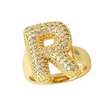 Initial Rings for Women, Bubble Letter Initial Balloon Ring Adjustable Charm Rings Open 14K Chunky Gold Rings Jewelry for Women（Gold-R）
