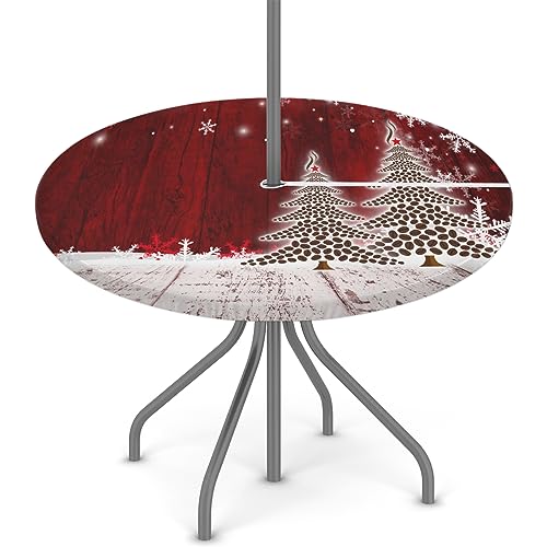 Christmas Tree Snowflakes Coffee Beans Outdoor Round Fitted Tablecloth with Elastic Edge, Waterproof Table Cover with Umbrella Hole Table Cloth, for Party Family Dining Fits 45-56 in Diameter Table
