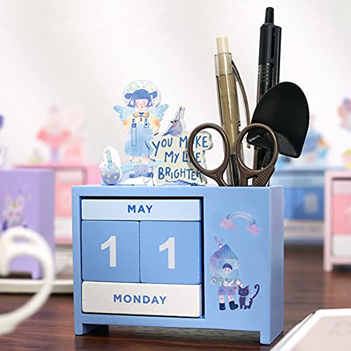 croselyu Calendrier perpétuel en bois avec porte-stylo 2022 - Rappel créatif - Décoration de bureau littéraire - 1 pièce (style 2) Cover