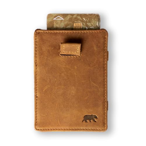 Photo de Alaskan MAKER - Portefeuille Compact en Cuir Pleine Fleur - Rangement Magique pour Cartes et Billets - Protection RFID Anti-Piratage - Jusqu'à 16 Cartes - Système Pull-Out. (Cognac)