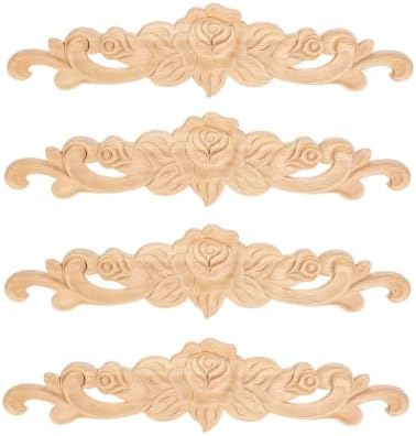 MUXSAM 4pcs Embellishments for Crafting Furniture Wood Carved Mouldings 20 * 5cm Decal Applique Long Onlay Unpainted Rose Flower Door Home Decor Sculptures