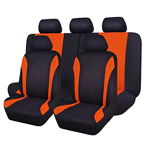 Flying Banner Juego de fundas de asiento de coche de ajuste universal, funda de poliéster de empalme de tela de malla (juego completo, negro y naranja) Cover