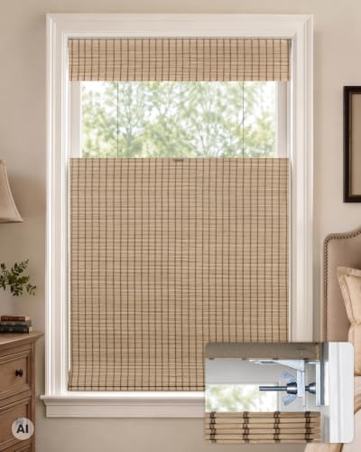 UNISHADES No Drill Blackout Bamboo Roman Shades, 39" W x 64" H - Natural | w/100% Blackout Lining, Natural Bamboo Blinds, Cordless Top Down Bottom Up Blackout Curtains