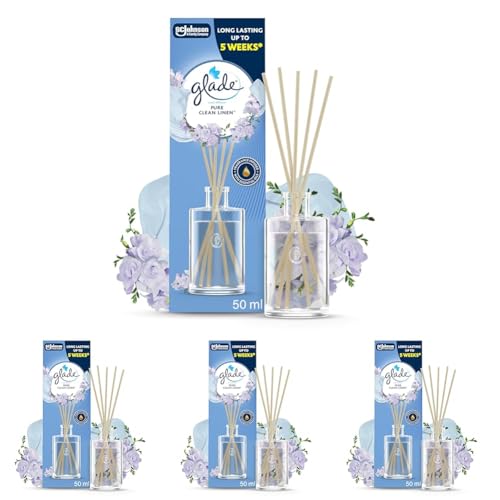Glade Reed Diffuser, Home Fragrance Infused with Essential Oils, Room Air Freshener with Up to 5 Weeks of Continuous Fragrance, Clean Linen, 50ml (Pack of 4)