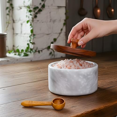 Marble salt cellar with lid and spoon, salt container with spoon, salt bowl with acacia wood lid, salt holder for countertop, salt jar - White by LaOnyx - Image 4