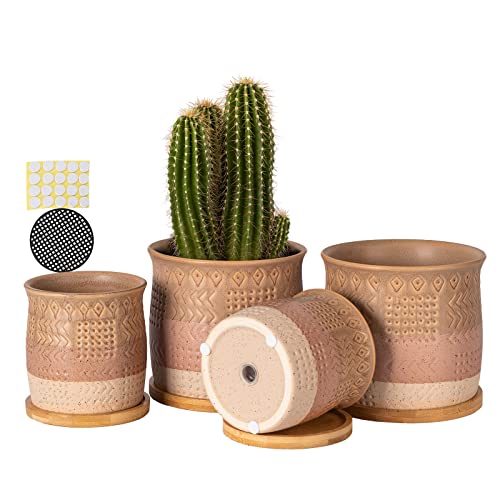 Tamaykim 5.5 + 4 Inch Ceramic Plant Pots With Drainage Holes And Bamboo Saucers, Retro Totem Planters For Succulent, Cactus & Herbs, Brown Beige, Set Of 4 #TOP8