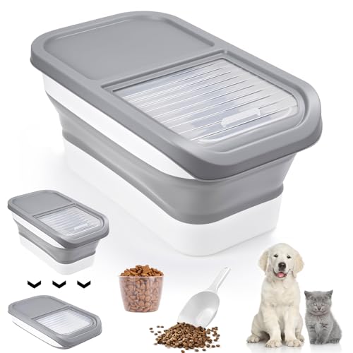 Dulynva Hundefutter Aufbewahrung, Faltbarer Futtertonne Hund 5kg, Dog Food Container mit Löffel Messbecher Tierfutterbehälter für Hundefutter und Katzenfutter (Grau)
