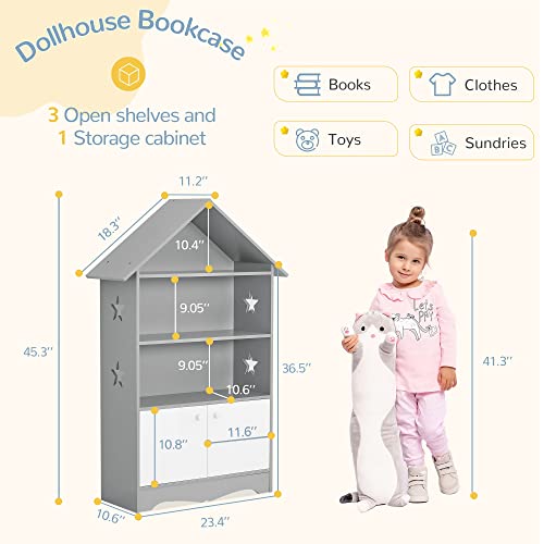 Curipeer Kids Dollhouse Bookshelf, Large Wooden Kids Bookshelf and Toy Storage with Doors, 3-Tier Open Display Organizer and 1-Tier Hidden Storage Dollhouse Bookcase Gift for Ages 3-7, Gray - Thumbnail 2