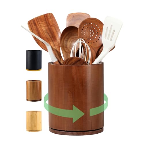 gorsent Wooden Utensil Holder, 360°Rotating 7.3'' Large Utensil Holder for Kitchen Counter, Kitchen Utensil Organizer, Utensil Crock, Farmhouse Kitchens Countertop Decor, Walnut-finish