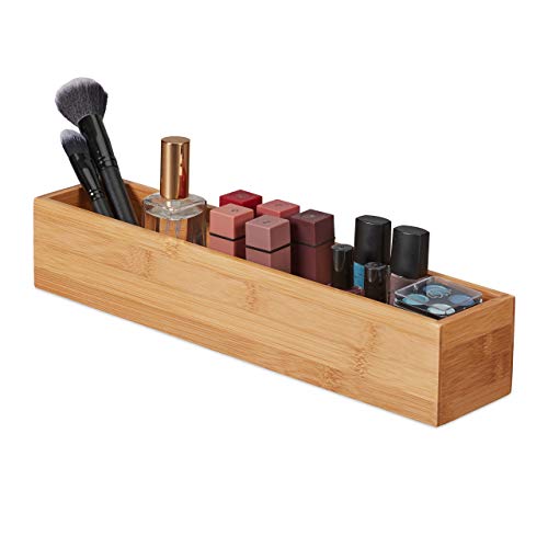 Relaxdays Bambus Box, Aufbewahrung Bad, Küche & Schreibtisch, länglich & schmal, Ordnungsbox, HBT: 7 x 38 x 8 cm, natur, 1 Stück, Hellbraun