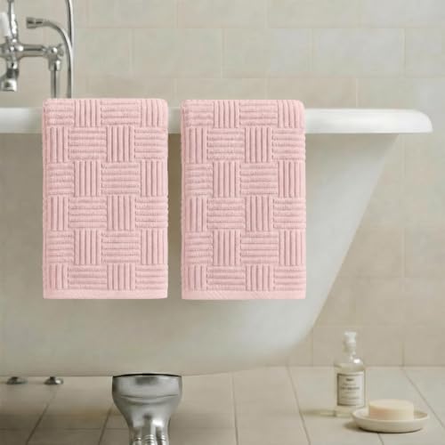 Artoid Mode 2 Pcs Pink 3D Weave Stripe Hand Towels for Bathroom, 100% Cotton Soft Absorbent Bathroom Decor Towels, 13.7 x 29.5 Inch by Artoid Mode - Used condition - Image 3