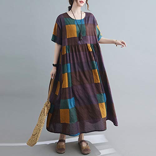 Moochy Vestido feminino de algodão e linho com estampa xadrez vintage O pescoço meia mangas robes ca