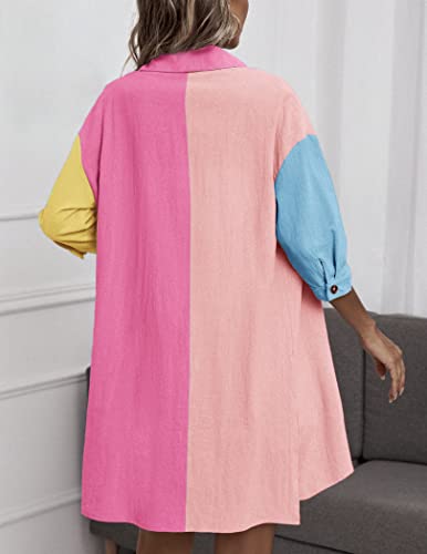 Elesol Color Block 2 Piece Summer Outfits For Women Linen Buttons Shirts And Short Set Loungewear Light Blue And Light Pink Xxl #TOP4