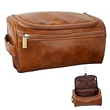 Eurow Luxe Mens 3 Compartment Faux Leather Toiletry Bag With Metal Hanging Hook & Handstrap For Travel, Organize Bath Supplies, Grooming & Shaving Kits, Personal Hygiene, Travel Essentials, Brown