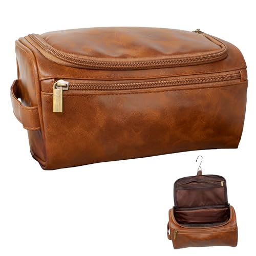 Eurow Luxe Mens 3 Compartment Faux Leather Toiletry Bag With Metal Hanging Hook & Handstrap For Travel, Organize Bath Supplies, Grooming & Shaving Kits, Personal Hygiene, Travel Essentials, Brown