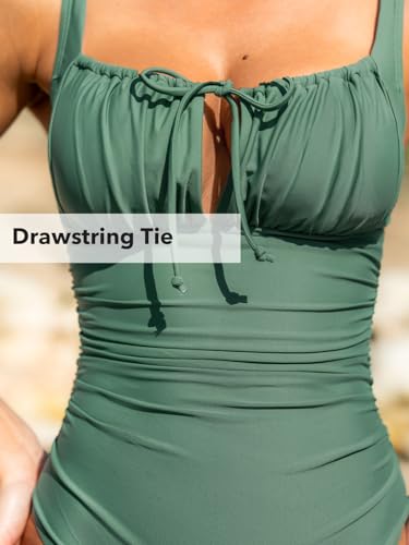 Image of CUPSHE Women's One Piece Swimsuit Ruch Drawstring Square Neck Bathing Suit | Self Tie,Soft Removable Cups,Adjustable Wide Straps,Cutout,Bach Hook,Chic,Fashion,Comfort,Swimwear for Vacation,Beach,Pool