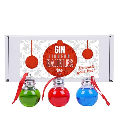 Festive Gin Baubles Gift Set 3 x 5cl, 20% ABV - Trio of Flavoured Gin Liqueurs for Christmas Decoration. By Blue Tree Gifts