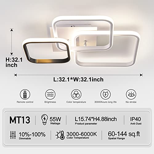 20.1In Modern Led Flush Mount Ceiling Light With Remote, Square 3 Rings Led Black Close To Ceiling Light, Lighting Fixture Ceiling Lamp For Kitchen, Bedroom, Laundry Room, 3000K-6500K Dimmable #TOP3