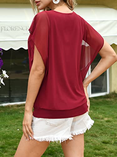BAISHENGGT Women's Flouncing Flared Short Sleeve Mesh Blouses X-Large Wine Red