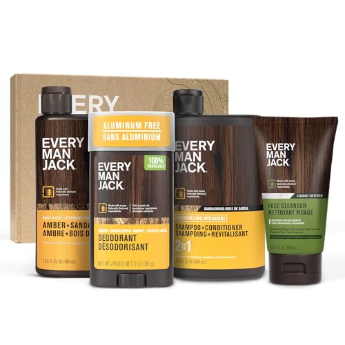 Every Man Jack Men's Bath and Body Gift Set - Amber + Sandalwood Scent - Clean Ingredients - Includes Hydrating Body Wash, 2-in-1 Shampoo, Aluminum-free Deodorant & Face Wash