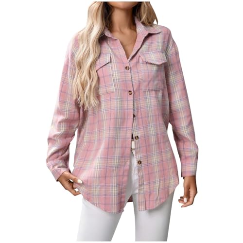 Image of AEGJEGVD Women's Flannel Shirt,Checked Long Sleeve Lapel Button Down Tartan Shirts with Pocket,Ladies Office Work Plaid Blouses Fall Winter Casual Loose Warm Jackets Boyfriend Tops Coats UK Size 8-16