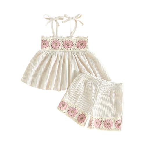 Image of Hibabying Baby Girl Summer Clothes Crochet Flower Sleeveless Tops and Shorts Sets Boho Beach Toddler Girls Outfits