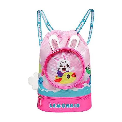 LEMONKID Cartoon Waterproof Swim Bag Sport Drawstring Back Pack Gym Yoga Lightweight Sack Pack Big Capacity for Children (Pink Rabbit) Cover