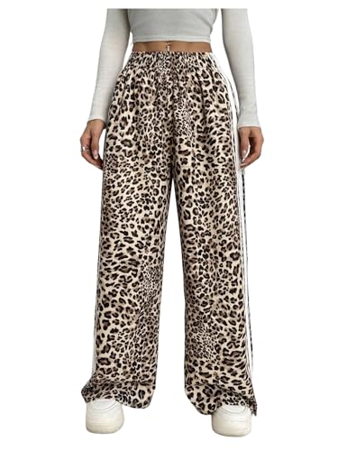 GORGLITTER Women's Leopard Print Pants Striped Wide Leg Color Block Cheetah Print Baggy Track Pants Bottoms