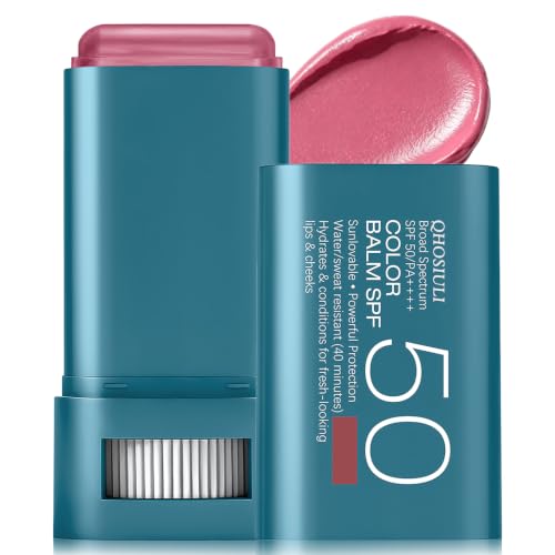 QHOSIULI Color Balm SPF50, Mineral Lightweight Blendable Shimmer Creamy Blush Makeup Hydrating Tinted Lip Balm, Long-Lasting Multistick Solid Moisturizer Stick Buildable for Cheek & Lips, Violet Haze