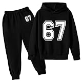67 Trainingsanzug-Sets für Jungen und Mädchen, Six Seven Kapuzen-Sweathose, festlich, warm, 6, 7, Nummern, langärmelig, Jogger, Anzüge, süße Party, Kinder, Streetwear, Schwarz , 9-10 Years
